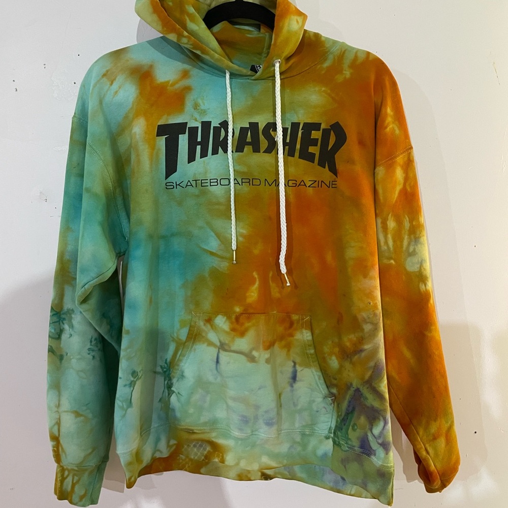 Thrasher Hoodie, cotton, Ice Dyed, Artist made, large.